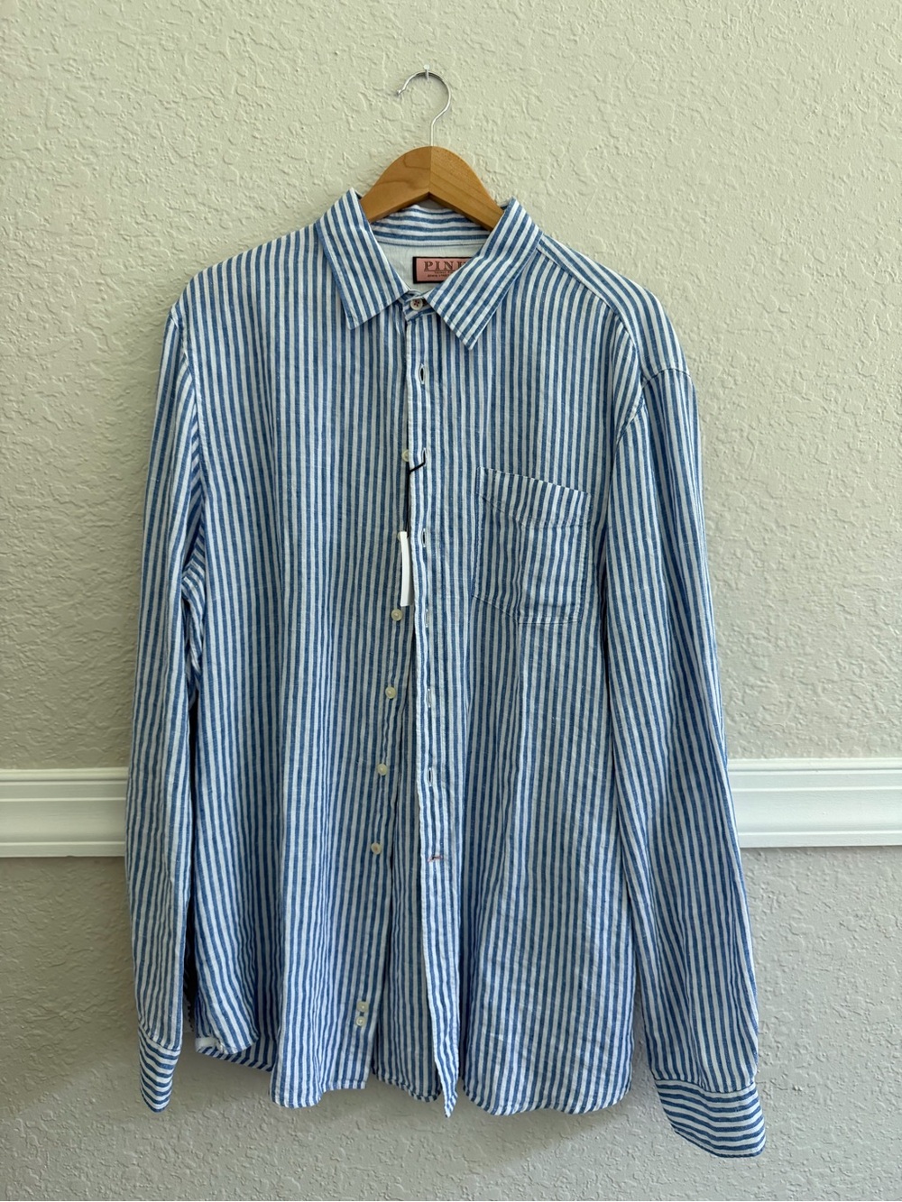 Thomas Pink Men’s 100% Linen Blue White Striped Shirt | Size: L | NWT